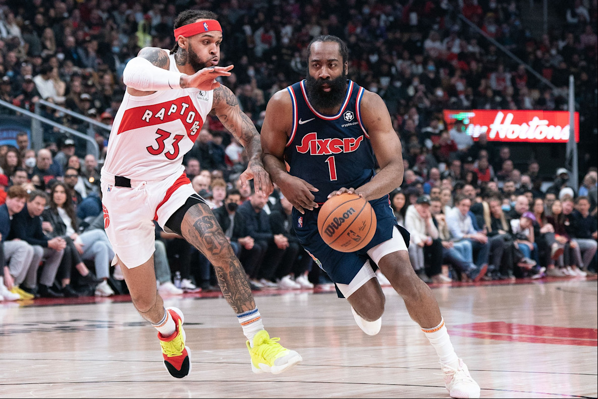 Basketball_NBA_Philadelphia 76ers guard James Harden toronto Raptors guard Gary Trent Jr